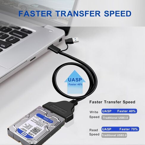 SATA to USB Cable, 2 in 1 USB-C/USB 3.0 to SATA III Hard Driver Adapter Compatible for 2.5 inch HDD and SSD External Converter, Data Transfer for MacBook Pro Air 2022,Surface Go,Laptop,PC in Kuwait