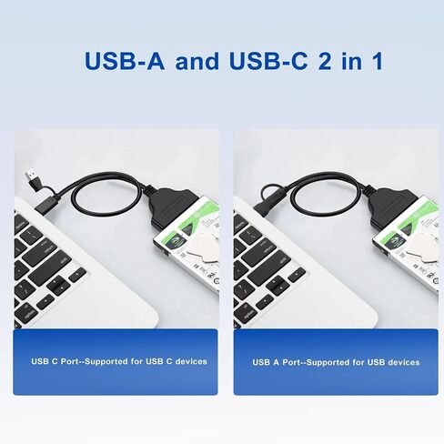 SATA to USB Cable, 2 in 1 USB-C/USB 3.0 to SATA III Hard Driver Adapter Compatible for 2.5 inch HDD and SSD External Converter, Data Transfer for MacBook Pro Air 2022,Surface Go,Laptop,PC in Kuwait