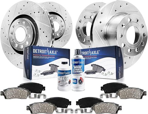 Detroit Axle-مجموعة الفرامل لعام 2017-2019 VW Golf Alltrack ، 2015-2017 GTI ، دوارات فرامل القرص الأمامية والخلفية المحفورة والخلفية بديلة فرامل السيراميك البديلة: 12.28 'بوصة دوار أمامي بوصة in Saudi Arabia