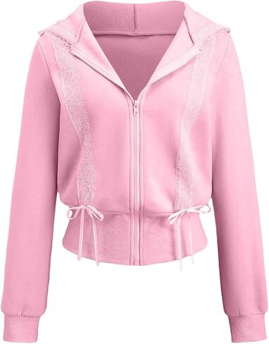 Cioatin Women Cute Lace Patchwork Bow Zip Up Crop Hoodie Y2K Coquette Fleece Casual Hooded Sweatshirt Jacket Pullover in Kuwait