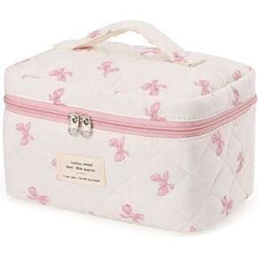 Large Travel Quilted Makeup Bag，Cute Bow Cotton cosmetic bag, Fashionable aesthetic makeup bag,Coquette Aesthetic Floral Travel Toiletry Bag for Women and Girls in Saudi Arabia