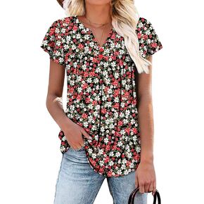 KISSMODA Womens Summer Tops Short Sleeve Floral Shirts Ladies V Neck Loose Fit Tunics in Kuwait