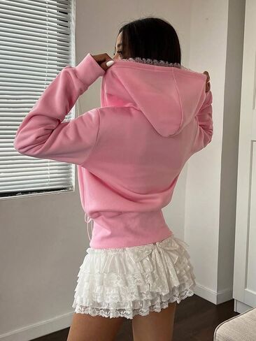 Cioatin Women Cute Lace Patchwork Bow Zip Up Crop Hoodie Y2K Coquette Fleece Casual Hooded Sweatshirt Jacket Pullover in Kuwait