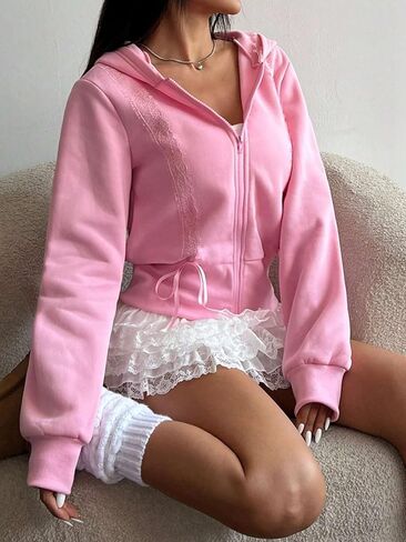 Cioatin Women Cute Lace Patchwork Bow Zip Up Crop Hoodie Y2K Coquette Fleece Casual Hooded Sweatshirt Jacket Pullover in Kuwait