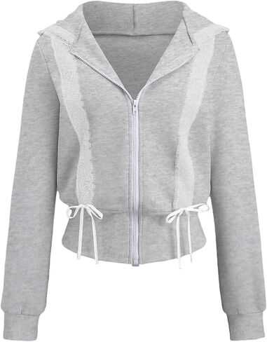 Cioatin Women Cute Lace Patchwork Bow Zip Up Crop Hoodie Y2K Coquette Fleece Casual Hooded Sweatshirt Jacket Pullover in Kuwait