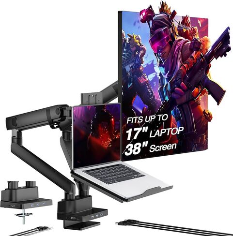 AVLT Dual 17"-38" Monitor Arm Desk Mount with 17" Laptop Tray and USB-C Docking Station, HDMI 4K60Hz, USB-A 5Gbps, Ethernet, 100W PD, Fits Two Flat/Curved Monitor - Gray in Kuwait