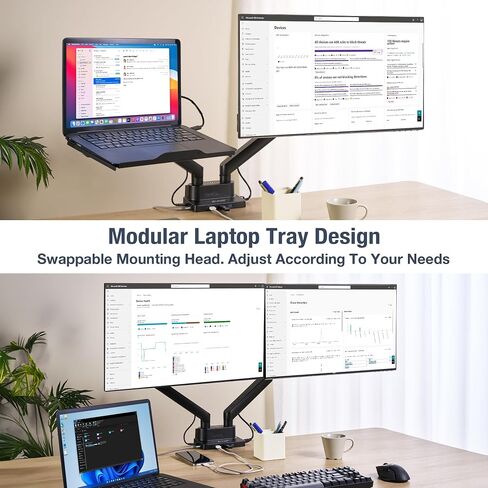 AVLT Dual 17"-38" Monitor Arm Desk Mount with 17" Laptop Tray and USB-C Docking Station, HDMI 4K60Hz, USB-A 5Gbps, Ethernet, 100W PD, Fits Two Flat/Curved Monitor - Gray in Kuwait
