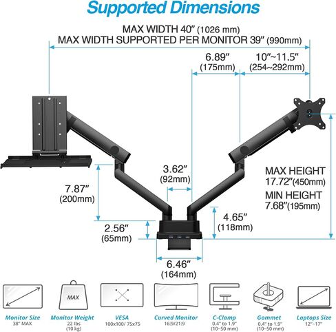 AVLT Dual 17"-38" Monitor Arm Desk Mount with 17" Laptop Tray and USB-C Docking Station, HDMI 4K60Hz, USB-A 5Gbps, Ethernet, 100W PD, Fits Two Flat/Curved Monitor - Gray in Kuwait