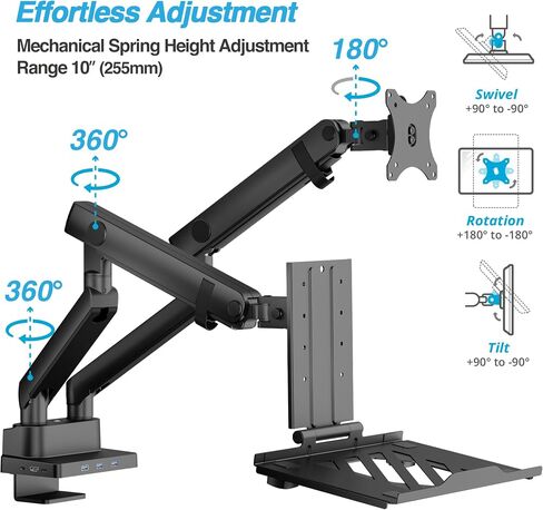AVLT Dual 17"-38" Monitor Arm Desk Mount with 17" Laptop Tray and USB-C Docking Station, HDMI 4K60Hz, USB-A 5Gbps, Ethernet, 100W PD, Fits Two Flat/Curved Monitor - Gray in Kuwait