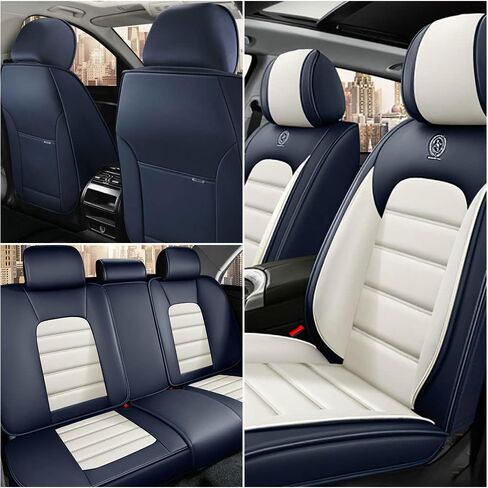Car Seat Covers for Audi Q5 2009-2025,Waterproof Soft Breathable PU Leather Seat Cover with Storage Pockets(Blue&White,Full Set) in Kuwait