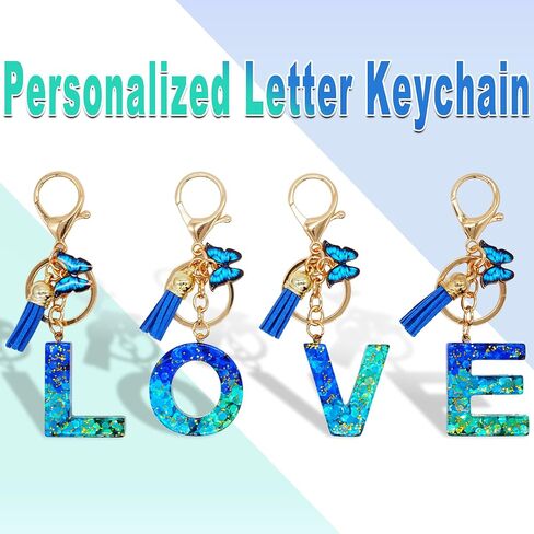 Alphabet Initial Letter Keychains for Women Blue Green Tassel Butterfly Pendant Car Key Ring for Backpack Handbags Charm in Saudi Arabia