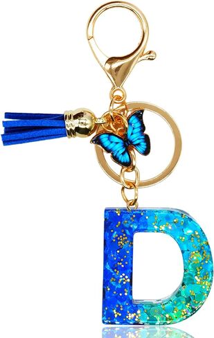 Alphabet Initial Letter Keychains for Women Blue Green Tassel Butterfly Pendant Car Key Ring for Backpack Handbags Charm in Saudi Arabia
