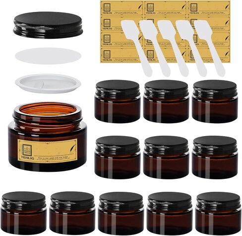 2 oz Glass Jars with Lids,Amber,12 Pack Empty Cosmetic Containers with Inner lids and Inner Liners,Black Metal Lids,Refillable Round Airtight Jars,Use to store Lotion,Powders,Candle Making in Saudi Arabia