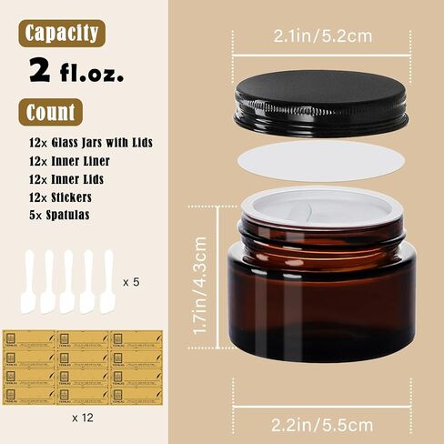2 oz Glass Jars with Lids,Amber,12 Pack Empty Cosmetic Containers with Inner lids and Inner Liners,Black Metal Lids,Refillable Round Airtight Jars,Use to store Lotion,Powders,Candle Making in Saudi Arabia