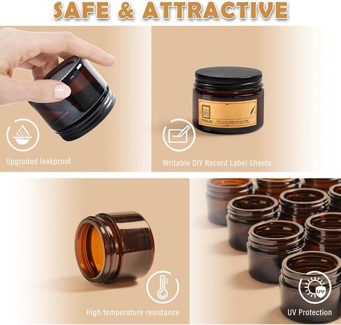 2 oz Glass Jars with Lids,Amber,12 Pack Empty Cosmetic Containers with Inner lids and Inner Liners,Black Metal Lids,Refillable Round Airtight Jars,Use to store Lotion,Powders,Candle Making in Saudi Arabia