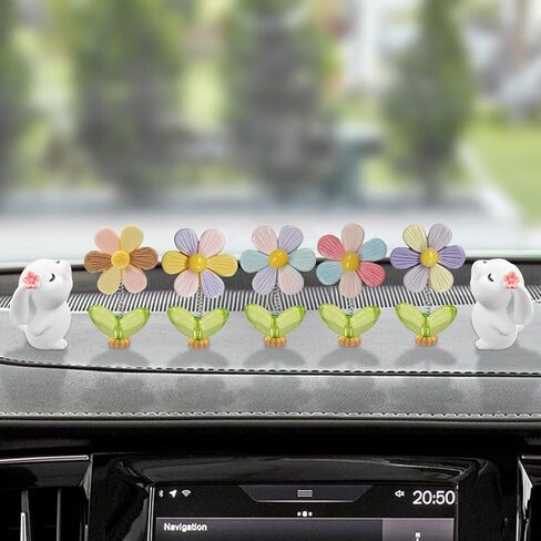 7PCS Car Dashboard Decorations, Shaking Head Sunflower Car Rearview Mirror Accessories, Cute Dog Car Centre Console Ornament, Funny Car Interior Decoration for Women Girls (Dog) in Saudi Arabia