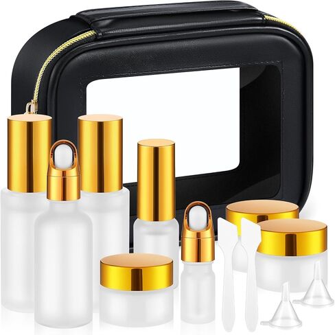 13 PCS Glass Award Travel Containers Mini Makeup Boats Size Size Size Bottles with Pump Pray و PU Leather Bagy Bag bag for Siled Serum Cream Moisturizers (Brown) in Kuwait