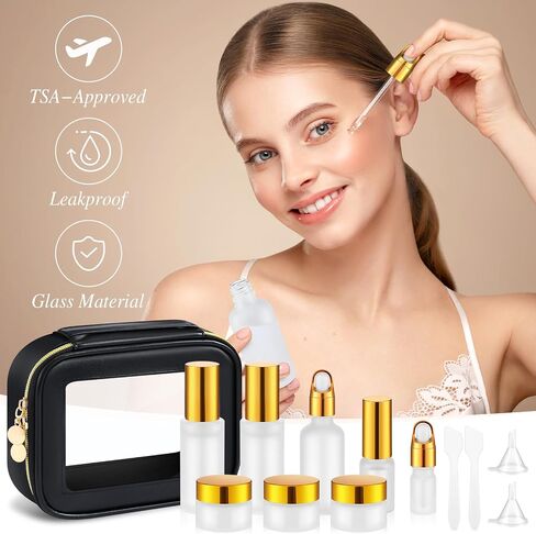13 PCS Glass Award Travel Containers Mini Makeup Boats Size Size Size Bottles with Pump Pray و PU Leather Bagy Bag bag for Siled Serum Cream Moisturizers (Brown) in Kuwait