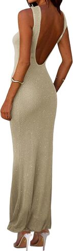 BOLLEY JOSS Women Glitter Crochet Knit Midi Dress Open Back Long Dress Beach Cover Up Sexy Shiny Sequin Backless Sundresses in Saudi Arabia