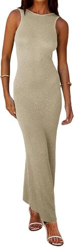 BOLLEY JOSS Women Glitter Crochet Knit Midi Dress Open Back Long Dress Beach Cover Up Sexy Shiny Sequin Backless Sundresses in Saudi Arabia