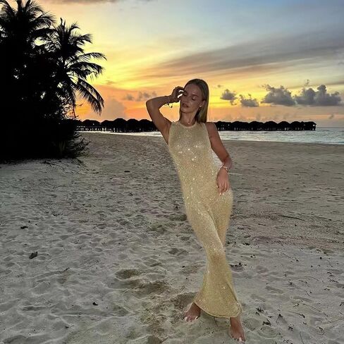 BOLLEY JOSS Women Glitter Crochet Knit Midi Dress Open Back Long Dress Beach Cover Up Sexy Shiny Sequin Backless Sundresses in Saudi Arabia