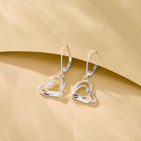 925 Sterling Silver 14K Gold Plated Heart Dangle Earrings, BOUTIQUELOVIN Dangling Drop Earring for Trendy Women Leverback Earings Double Heart Hypoallergenic Jewelry Gift in Kuwait