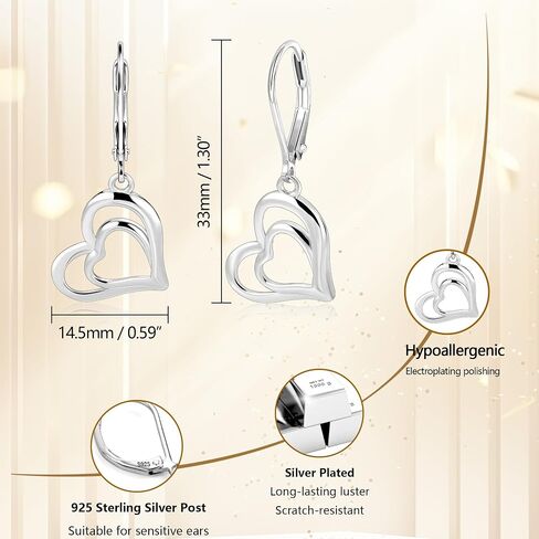 925 Sterling Silver 14K Gold Plated Heart Dangle Earrings, BOUTIQUELOVIN Dangling Drop Earring for Trendy Women Leverback Earings Double Heart Hypoallergenic Jewelry Gift in Kuwait