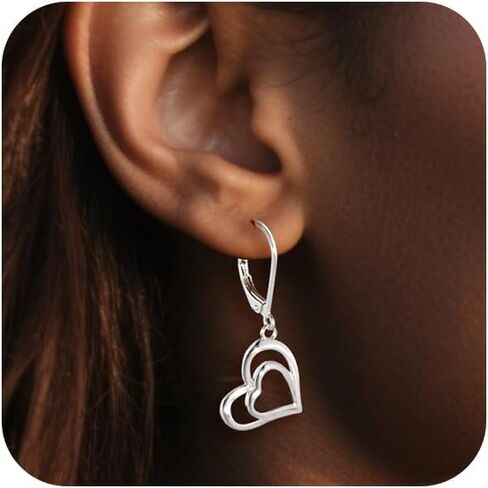 925 Sterling Silver 14K Gold Plated Heart Dangle Earrings, BOUTIQUELOVIN Dangling Drop Earring for Trendy Women Leverback Earings Double Heart Hypoallergenic Jewelry Gift in Kuwait