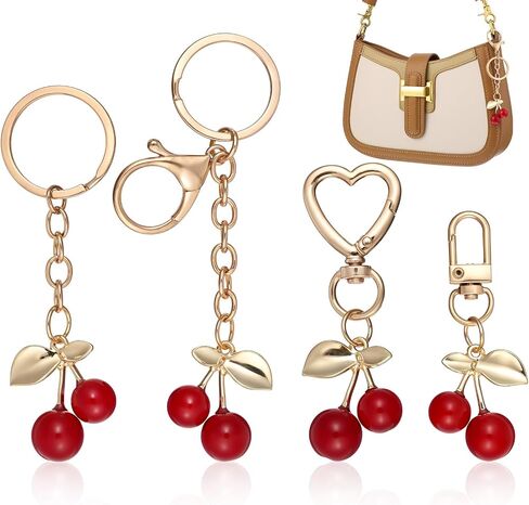 4PCS Cherry Charms for Handbags Heart Keyring Key Chain Charms for Purse Small Cherry Keychain Accessories for Women Cute Bag Charms for Women Girls Birthday Christmas Gift(Red, Gold) in Saudi Arabia