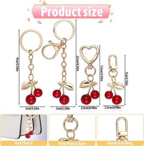 4PCS Cherry Charms for Handbags Heart Keyring Key Chain Charms for Purse Small Cherry Keychain Accessories for Women Cute Bag Charms for Women Girls Birthday Christmas Gift(Red, Gold) in Saudi Arabia