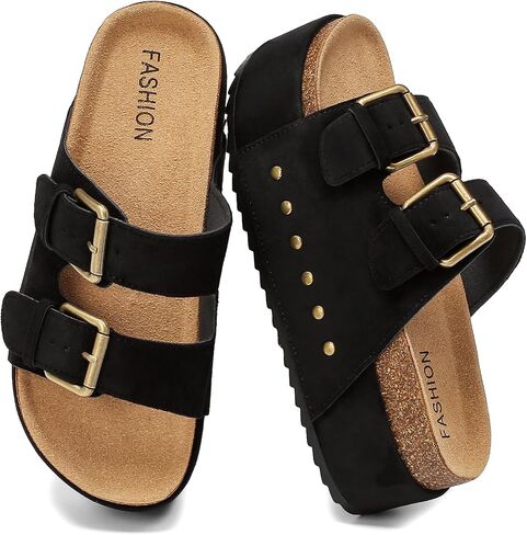 YorFotMae Women's Platform Sandals Cork Footbed with Double Buckles， Summer Chunky Wedge Sandals Wide Width Slides Comfort Beach Clogs Sandals in Saudi Arabia