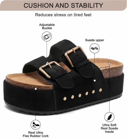 YorFotMae Women's Platform Sandals Cork Footbed with Double Buckles， Summer Chunky Wedge Sandals Wide Width Slides Comfort Beach Clogs Sandals in Saudi Arabia