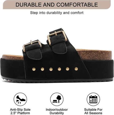 YorFotMae Women's Platform Sandals Cork Footbed with Double Buckles， Summer Chunky Wedge Sandals Wide Width Slides Comfort Beach Clogs Sandals in Saudi Arabia