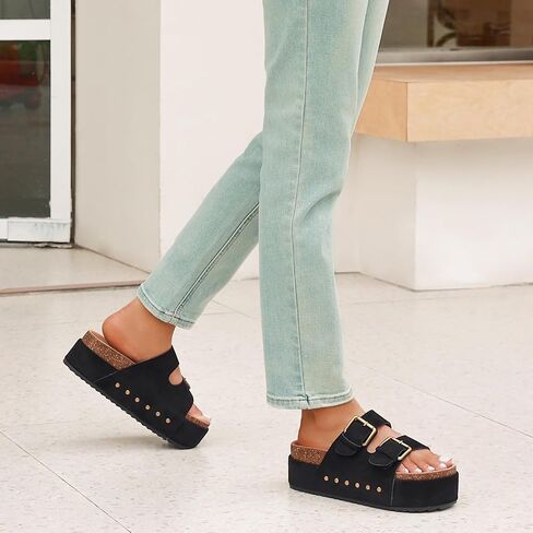 YorFotMae Women's Platform Sandals Cork Footbed with Double Buckles， Summer Chunky Wedge Sandals Wide Width Slides Comfort Beach Clogs Sandals in Saudi Arabia