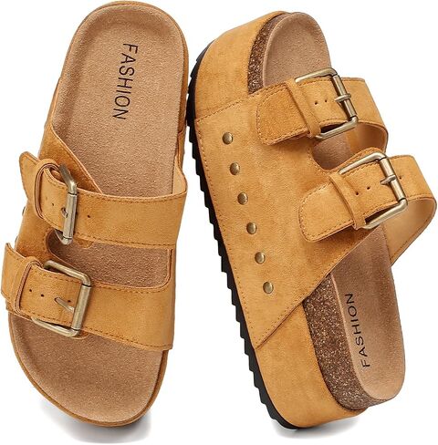 YorFotMae Women's Platform Sandals Cork Footbed with Double Buckles， Summer Chunky Wedge Sandals Wide Width Slides Comfort Beach Clogs Sandals in Saudi Arabia