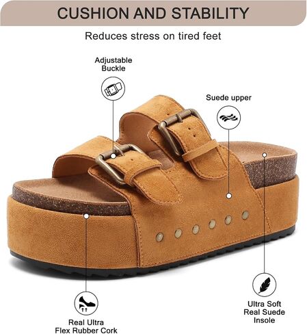 YorFotMae Women's Platform Sandals Cork Footbed with Double Buckles， Summer Chunky Wedge Sandals Wide Width Slides Comfort Beach Clogs Sandals in Saudi Arabia
