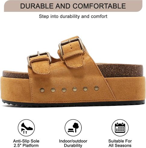 YorFotMae Women's Platform Sandals Cork Footbed with Double Buckles， Summer Chunky Wedge Sandals Wide Width Slides Comfort Beach Clogs Sandals in Saudi Arabia