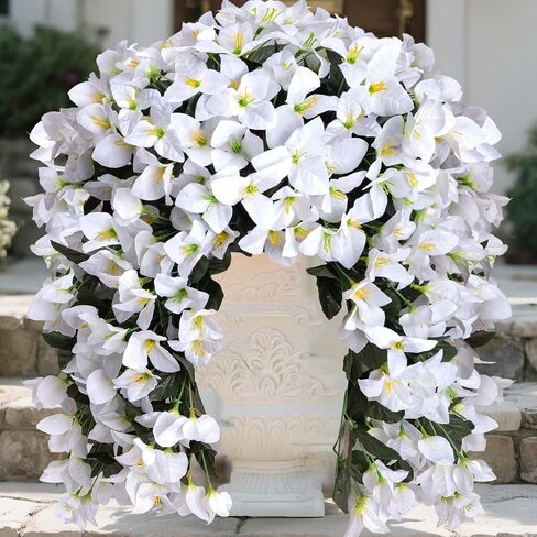 2pcs Outdoor Artificial Faux Bougainvillea Hanging Flowers Plants, Fake White Flowers Plant Silk UV Resistant for Outdoor Outside Summer, Decoration For Front Door Porch Planter Balcony (White) in Kuwait