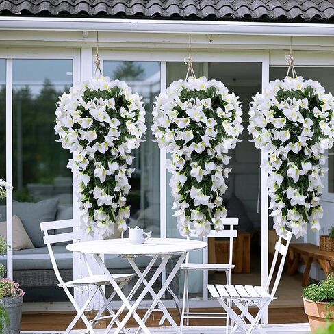 2pcs Outdoor Artificial Faux Bougainvillea Hanging Flowers Plants, Fake White Flowers Plant Silk UV Resistant for Outdoor Outside Summer, Decoration For Front Door Porch Planter Balcony (White) in Kuwait