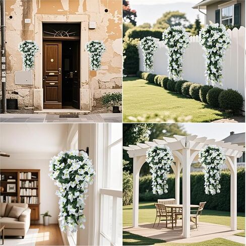 2pcs Outdoor Artificial Faux Bougainvillea Hanging Flowers Plants, Fake White Flowers Plant Silk UV Resistant for Outdoor Outside Summer, Decoration For Front Door Porch Planter Balcony (White) in Kuwait