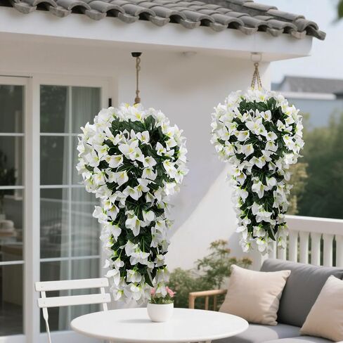 2pcs Outdoor Artificial Faux Bougainvillea Hanging Flowers Plants, Fake White Flowers Plant Silk UV Resistant for Outdoor Outside Summer, Decoration For Front Door Porch Planter Balcony (White) in Kuwait