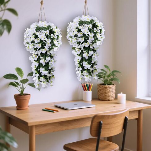 2pcs Outdoor Artificial Faux Bougainvillea Hanging Flowers Plants, Fake White Flowers Plant Silk UV Resistant for Outdoor Outside Summer, Decoration For Front Door Porch Planter Balcony (White) in Kuwait
