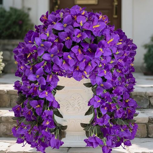 2pcs Outdoor Artificial Faux Bougainvillea Hanging Flowers Plants, Fake White Flowers Plant Silk UV Resistant for Outdoor Outside Summer, Decoration For Front Door Porch Planter Balcony (White) in Kuwait