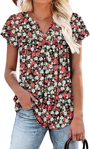 KISSMODA Womens Summer Tops Short Sleeve Floral Shirts Ladies V Neck Loose Fit Tunics in Kuwait