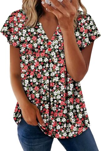 KISSMODA Womens Summer Tops Short Sleeve Floral Shirts Ladies V Neck Loose Fit Tunics in Kuwait