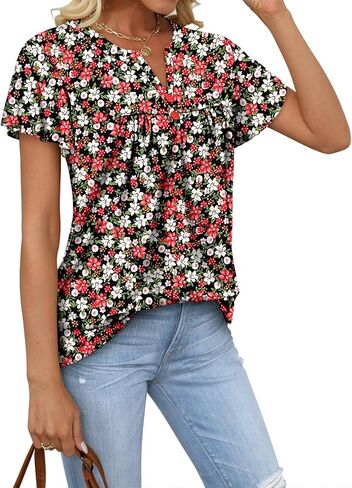 KISSMODA Womens Summer Tops Short Sleeve Floral Shirts Ladies V Neck Loose Fit Tunics in Kuwait