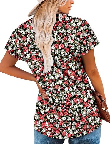 KISSMODA Womens Summer Tops Short Sleeve Floral Shirts Ladies V Neck Loose Fit Tunics in Kuwait