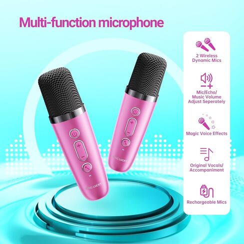 TOP Mini Karaoke Machine for Kids (with Fun Voice Effects & LED Lights) Christmas Birthday Gifts Toys for 3-12+ Girls, Portable Mini Karaoke Machine with 2 Wireless Microphones Black & Blue in Kuwait