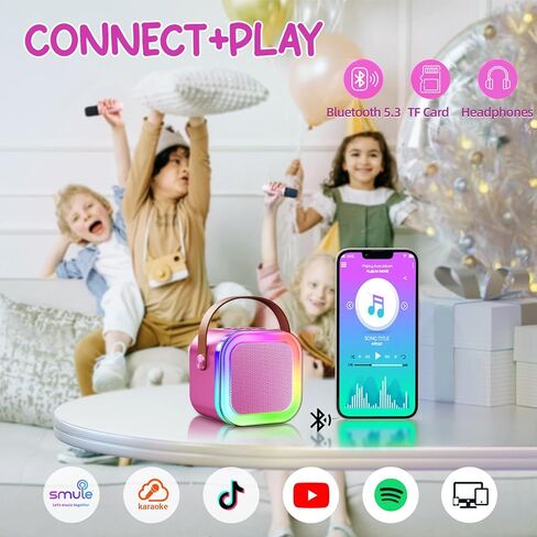 TOP Mini Karaoke Machine for Kids (with Fun Voice Effects & LED Lights) Christmas Birthday Gifts Toys for 3-12+ Girls, Portable Mini Karaoke Machine with 2 Wireless Microphones Black & Blue in Kuwait