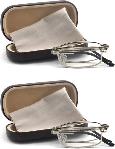 Compact Rectangular Metal Folding Reading Glasses with Leather Case for Men and Women in Kuwait